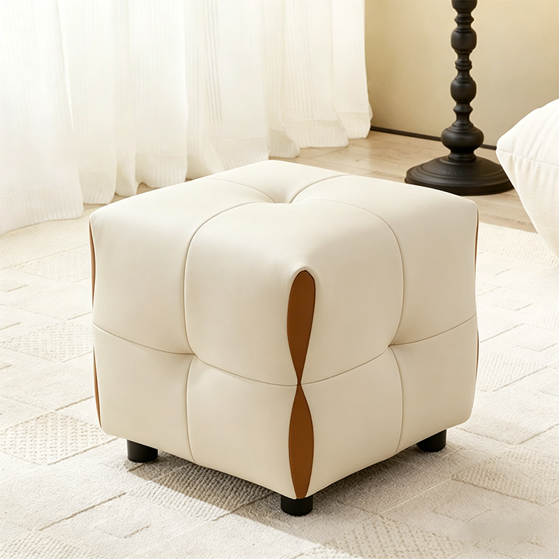 Contemporary Scandinavian Solid Wood Stool with Cushioned Faux Leather, Square Low-Profile, Backless & Armless – for Living Room & Entryway