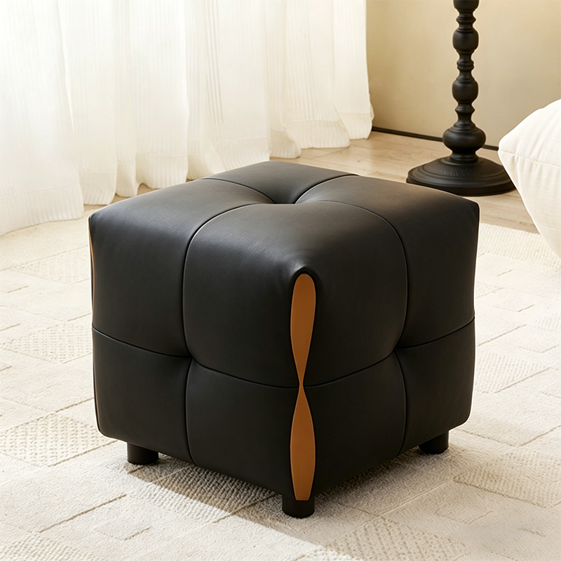 Contemporary Scandinavian Solid Wood Stool with Cushioned Faux Leather, Square Low-Profile, Backless & Armless – for Living Room & Entryway