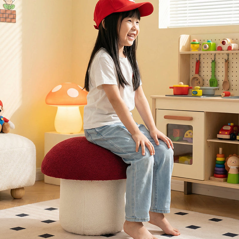 Modern Art Deco Velvet Molded Stool for Kids – Low, Backless Mushroom Seat in Cotton & Metal, Ideal for Entryway & Hallway