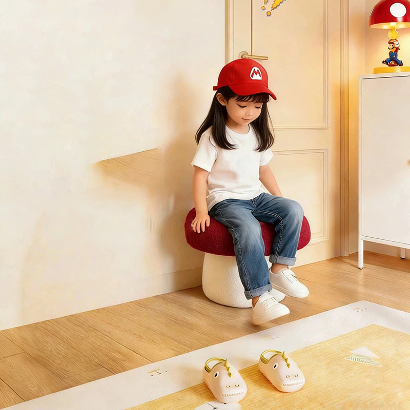 Modern Art Deco Velvet Molded Stool for Kids – Low, Backless Mushroom Seat in Cotton & Metal, Ideal for Entryway & Hallway