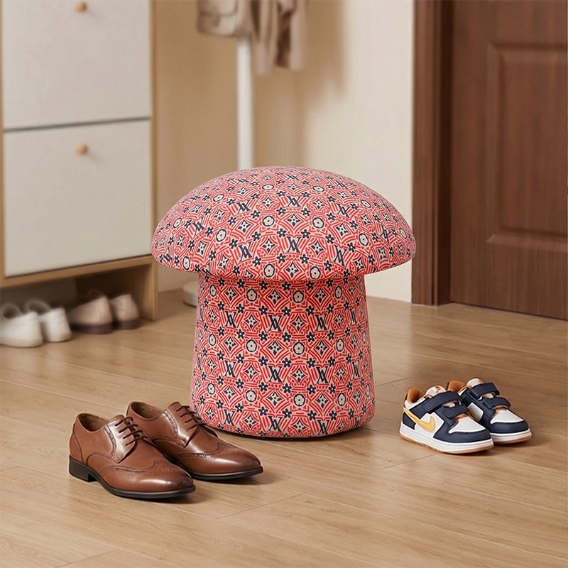 Modern Art Deco Velvet Molded Stool for Kids – Low, Backless Mushroom Seat in Cotton & Metal, Ideal for Entryway & Hallway