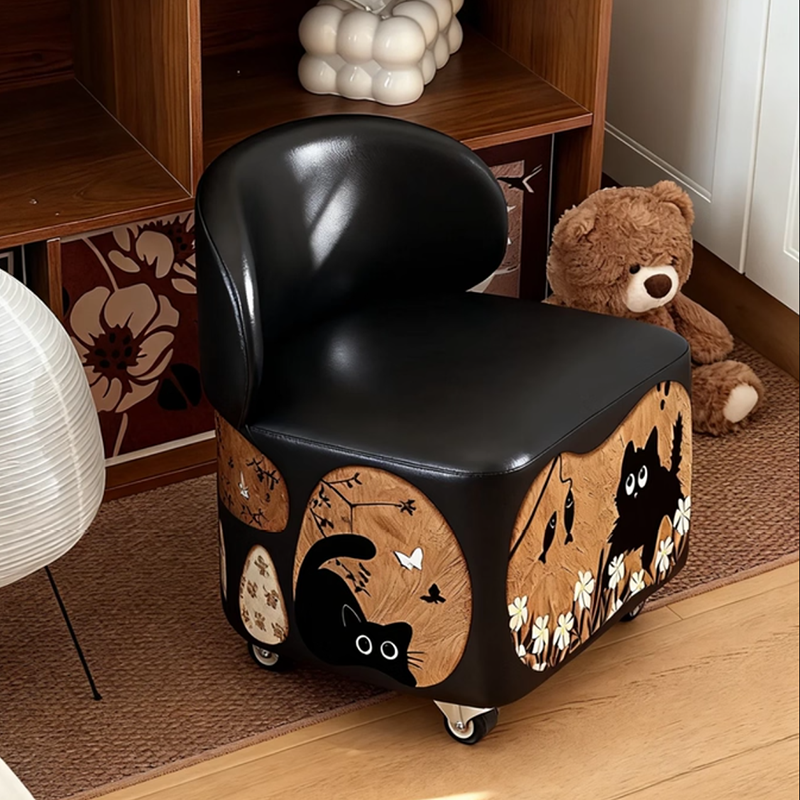 Modern Minimalist Faux Leather & Plywood Low Stool, Rectangular with Curved Edges, Movable and Armless — Ideal for Living Room or Entryway