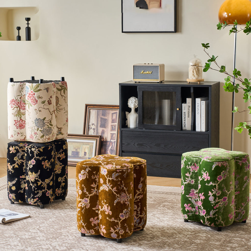 Traditional Chinese Solid Wood Stool with Sponge Chenille Velvet Cushion – Petal-Shaped Low Stool, Backless & Armless for Entryway & Hallway