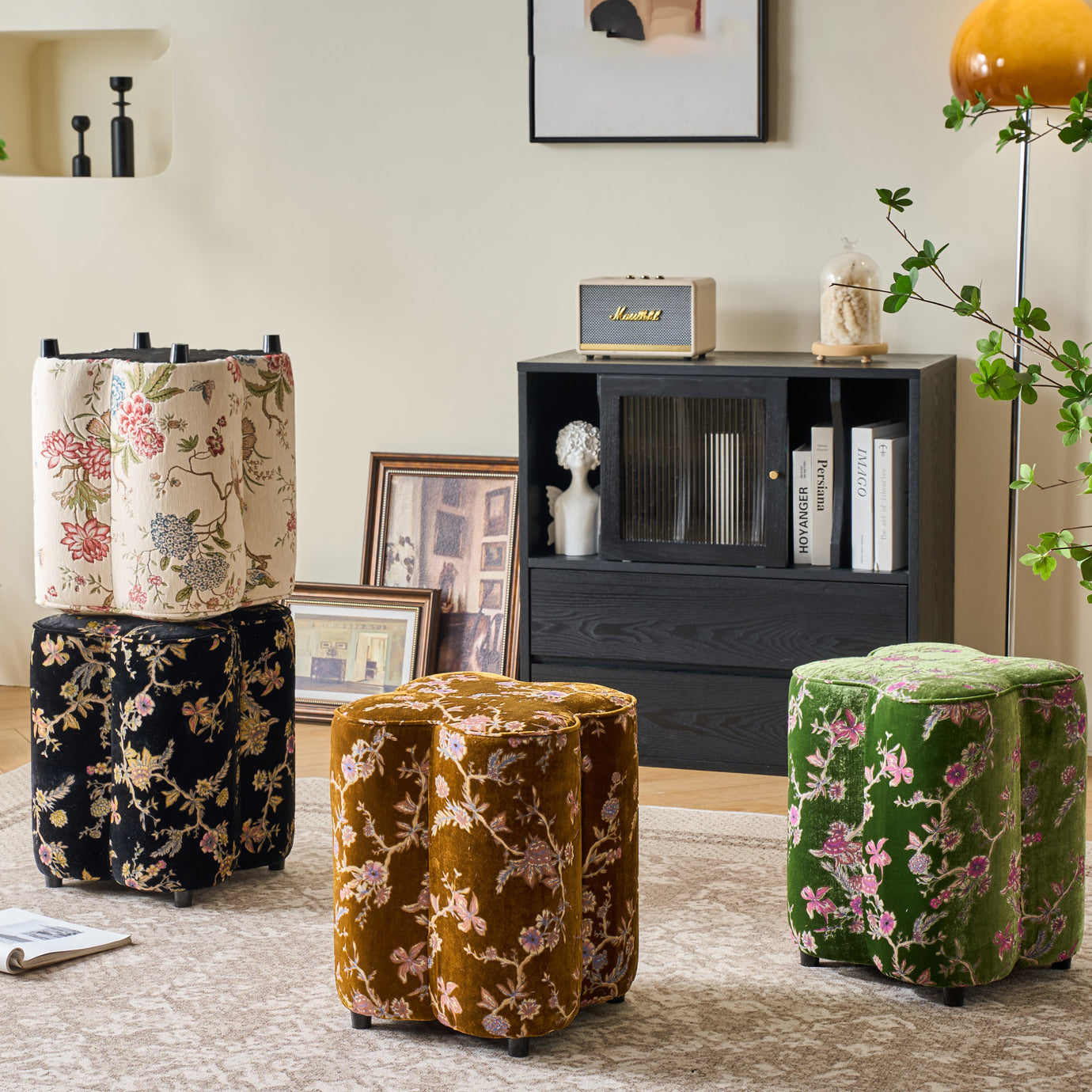 Traditional Chinese Solid Wood Stool with Sponge Chenille Velvet Cushion – Petal-Shaped Low Stool, Backless & Armless for Entryway & Hallway