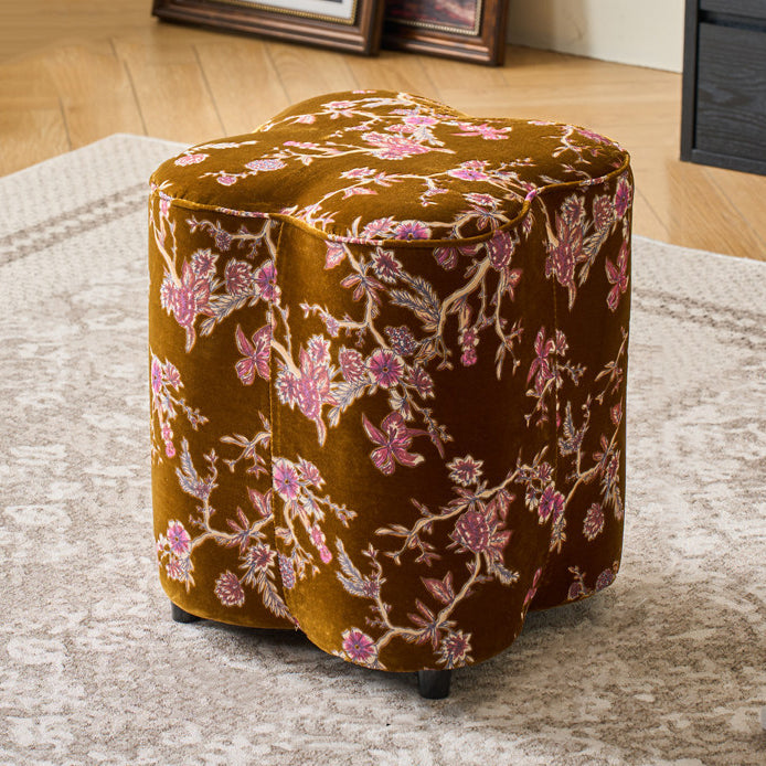 Traditional Chinese Solid Wood Stool with Sponge Chenille Velvet Cushion – Petal-Shaped Low Stool, Backless & Armless for Entryway & Hallway