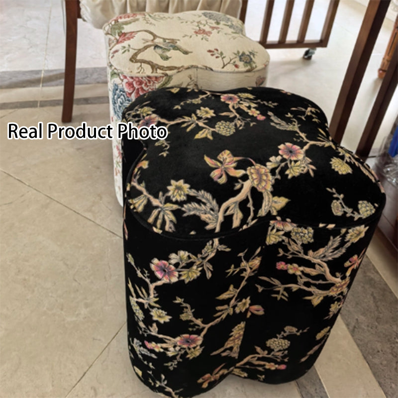 Traditional Chinese Solid Wood Stool with Sponge Chenille Velvet Cushion – Petal-Shaped Low Stool, Backless & Armless for Entryway & Hallway
