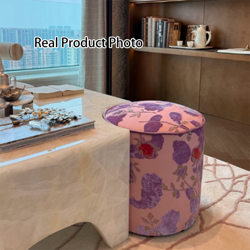 Traditional Chinese Style Solid Wood Cylinder Stool with Sponge Cushion—Low, Backless & Armless for Living Room & Bedroom, Polyester Fiber Padding