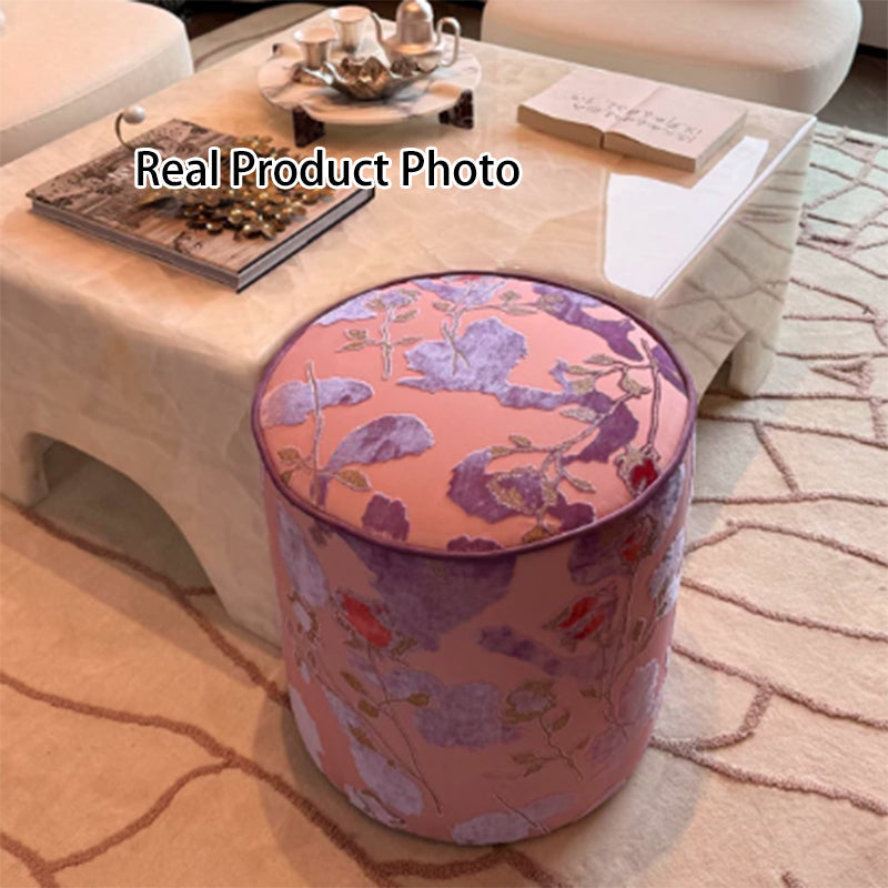 Traditional Chinese Style Solid Wood Cylinder Stool with Sponge Cushion—Low, Backless & Armless for Living Room & Bedroom, Polyester Fiber Padding