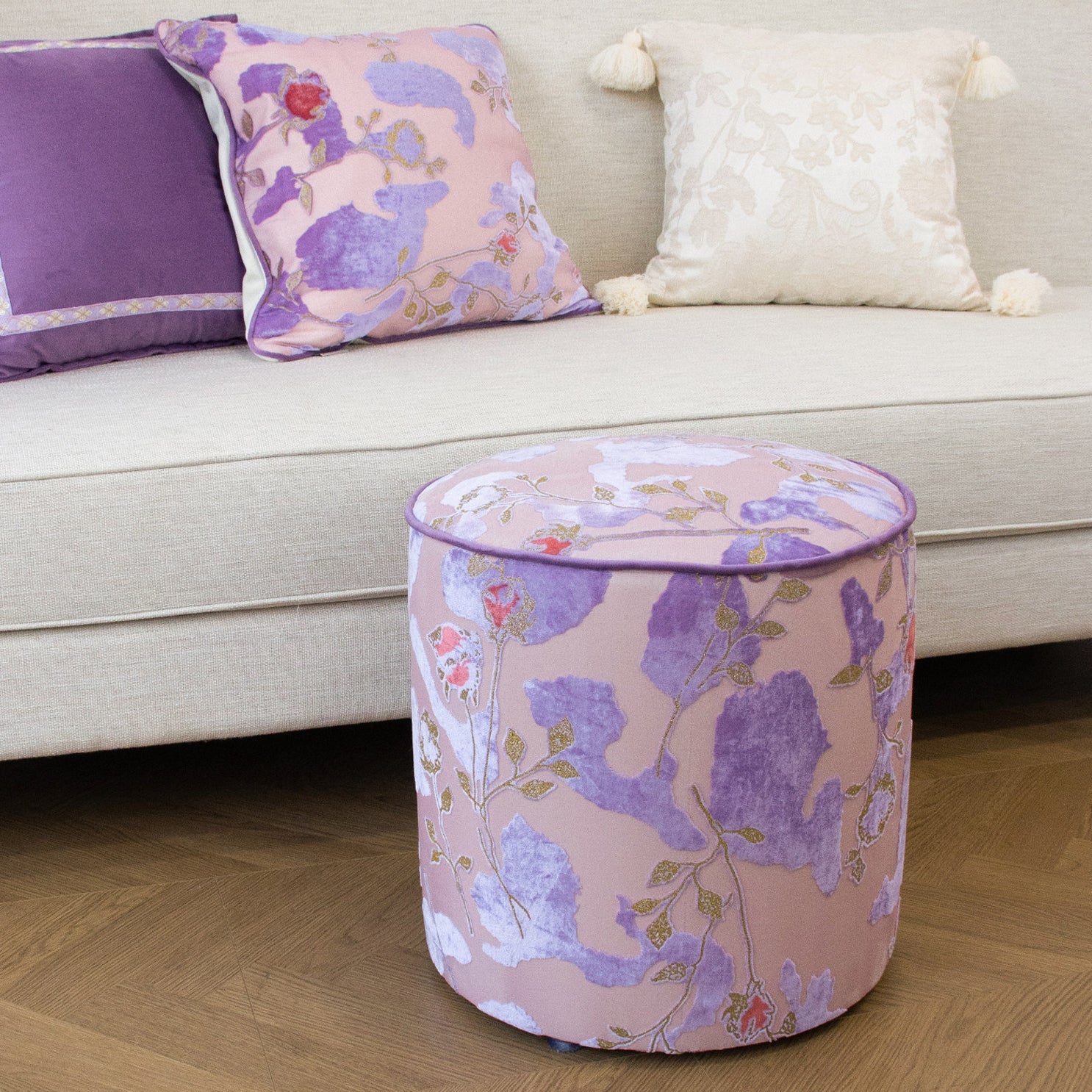 Traditional Chinese Style Solid Wood Cylinder Stool with Sponge Cushion—Low, Backless & Armless for Living Room & Bedroom, Polyester Fiber Padding