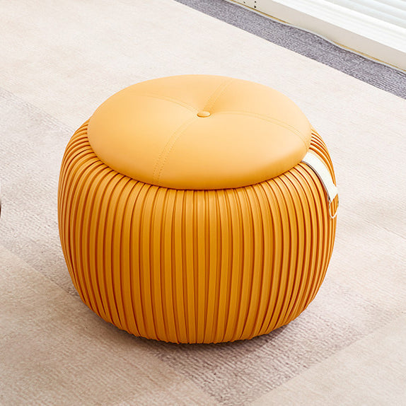 Taburete de almacenamiento escandinavo contemporáneo de piel sintética con forma de calabaza — Asiento multiusos bajo, sin respaldo y sin reposabrazos, con construcción de madera contrachapada acolchada con espuma para sala de estar y entrada