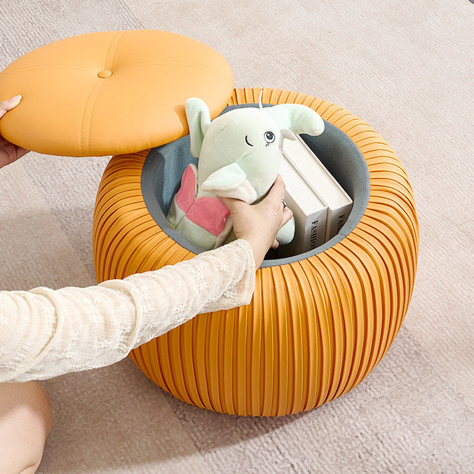 Taburete de almacenamiento escandinavo contemporáneo de piel sintética con forma de calabaza — Asiento multiusos bajo, sin respaldo y sin reposabrazos, con construcción de madera contrachapada acolchada con espuma para sala de estar y entrada