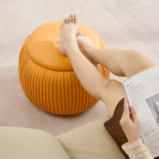 Taburete de almacenamiento escandinavo contemporáneo de piel sintética con forma de calabaza — Asiento multiusos bajo, sin respaldo y sin reposabrazos, con construcción de madera contrachapada acolchada con espuma para sala de estar y entrada