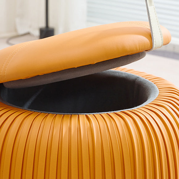 Taburete de almacenamiento escandinavo contemporáneo de piel sintética con forma de calabaza — Asiento multiusos bajo, sin respaldo y sin reposabrazos, con construcción de madera contrachapada acolchada con espuma para sala de estar y entrada