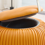 Taburete de almacenamiento escandinavo contemporáneo de piel sintética con forma de calabaza — Asiento multiusos bajo, sin respaldo y sin reposabrazos, con construcción de madera contrachapada acolchada con espuma para sala de estar y entrada