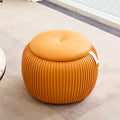 Taburete de almacenamiento escandinavo contemporáneo de piel sintética con forma de calabaza — Asiento multiusos bajo, sin respaldo y sin reposabrazos, con construcción de madera contrachapada acolchada con espuma para sala de estar y entrada
