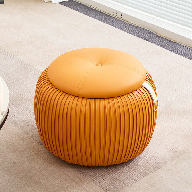 Scandinavian Contemporary Pumpkin-Shaped Faux Leather Storage Stool — Low, Backless, Armless Multi-Use Seat with Foam-Padded Plywood Construction for Living Room & Entryway