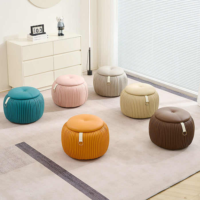 Taburete de almacenamiento escandinavo contemporáneo de piel sintética con forma de calabaza — Asiento multiusos bajo, sin respaldo y sin reposabrazos, con construcción de madera contrachapada acolchada con espuma para sala de estar y entrada