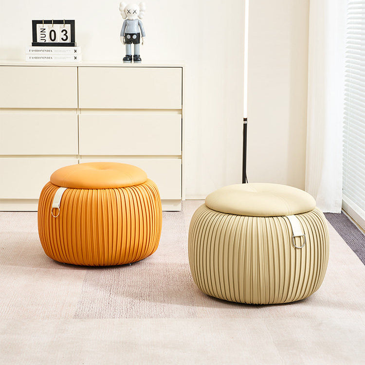 Taburete de almacenamiento escandinavo contemporáneo de piel sintética con forma de calabaza — Asiento multiusos bajo, sin respaldo y sin reposabrazos, con construcción de madera contrachapada acolchada con espuma para sala de estar y entrada