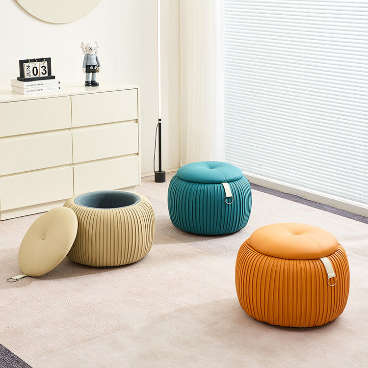 Taburete de almacenamiento escandinavo contemporáneo de piel sintética con forma de calabaza — Asiento multiusos bajo, sin respaldo y sin reposabrazos, con construcción de madera contrachapada acolchada con espuma para sala de estar y entrada