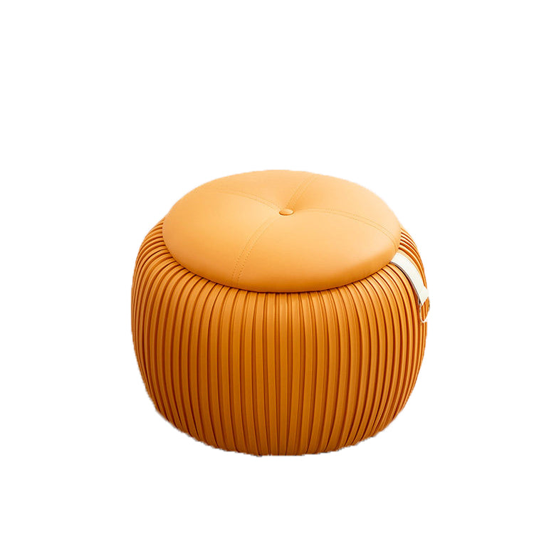 Taburete de almacenamiento escandinavo contemporáneo de piel sintética con forma de calabaza — Asiento multiusos bajo, sin respaldo y sin reposabrazos, con construcción de madera contrachapada acolchada con espuma para sala de estar y entrada