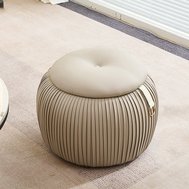Scandinavian Contemporary Pumpkin-Shaped Faux Leather Storage Stool — Low, Backless, Armless Multi-Use Seat with Foam-Padded Plywood Construction for Living Room & Entryway
