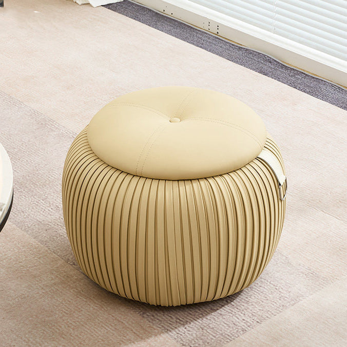 Scandinavian Contemporary Pumpkin-Shaped Faux Leather Storage Stool — Low, Backless, Armless Multi-Use Seat with Foam-Padded Plywood Construction for Living Room & Entryway