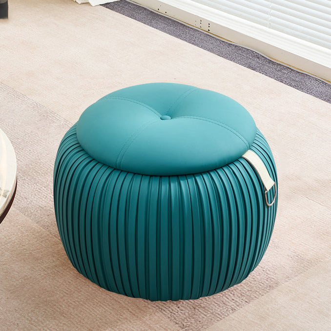 Scandinavian Contemporary Pumpkin-Shaped Faux Leather Storage Stool — Low, Backless, Armless Multi-Use Seat with Foam-Padded Plywood Construction for Living Room & Entryway