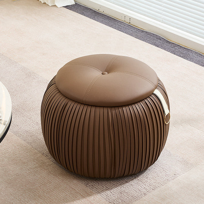 Scandinavian Contemporary Pumpkin-Shaped Faux Leather Storage Stool — Low, Backless, Armless Multi-Use Seat with Foam-Padded Plywood Construction for Living Room & Entryway