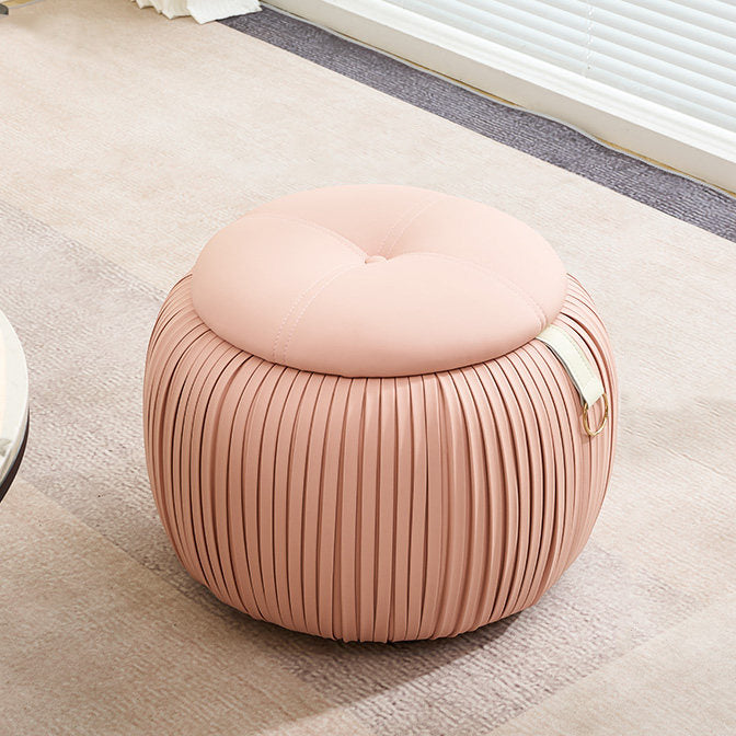 Scandinavian Contemporary Pumpkin-Shaped Faux Leather Storage Stool — Low, Backless, Armless Multi-Use Seat with Foam-Padded Plywood Construction for Living Room & Entryway