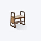Modern Minimalist Leather & Solid Wood Trapezoid Bench with Armrest and 1-Shelf Storage for Living Room