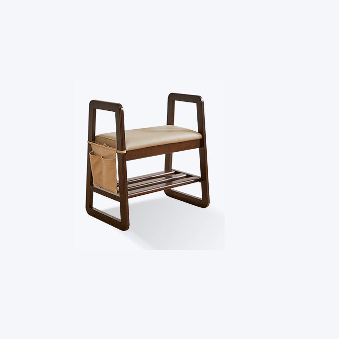 Modern Minimalist Leather & Solid Wood Trapezoid Bench with Armrest and 1-Shelf Storage for Living Room