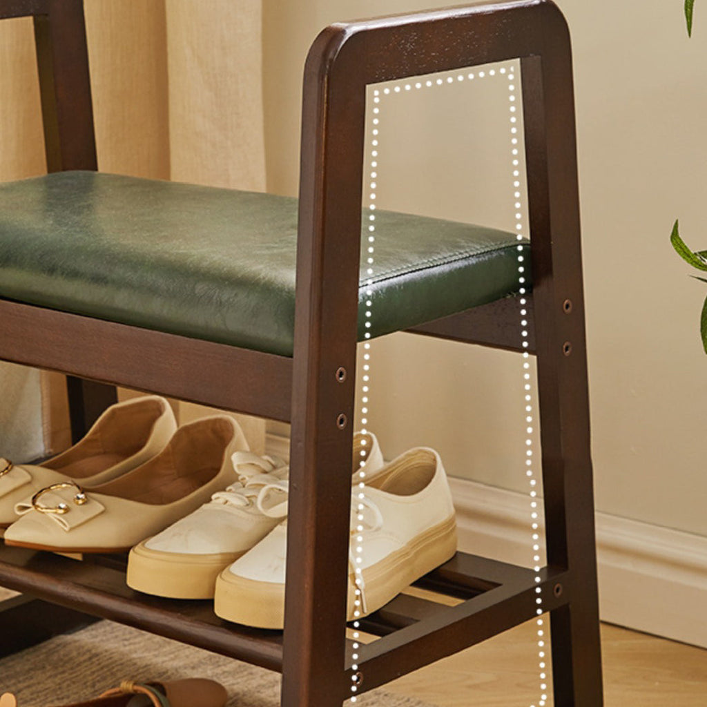 Modern Minimalist Leather & Solid Wood Trapezoid Bench with Armrest and 1-Shelf Storage for Living Room