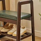 Modern Minimalist Leather & Solid Wood Trapezoid Bench with Armrest and 1-Shelf Storage for Living Room