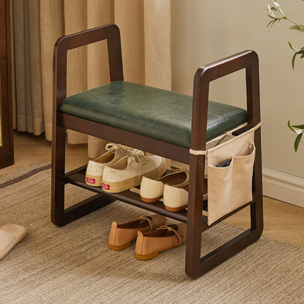Modern Minimalist Leather & Solid Wood Trapezoid Bench with Armrest and 1-Shelf Storage for Living Room