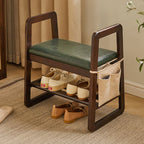 Modern Minimalist Leather & Solid Wood Trapezoid Bench with Armrest and 1-Shelf Storage for Living Room