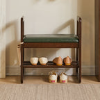 Modern Minimalist Leather & Solid Wood Trapezoid Bench with Armrest and 1-Shelf Storage for Living Room