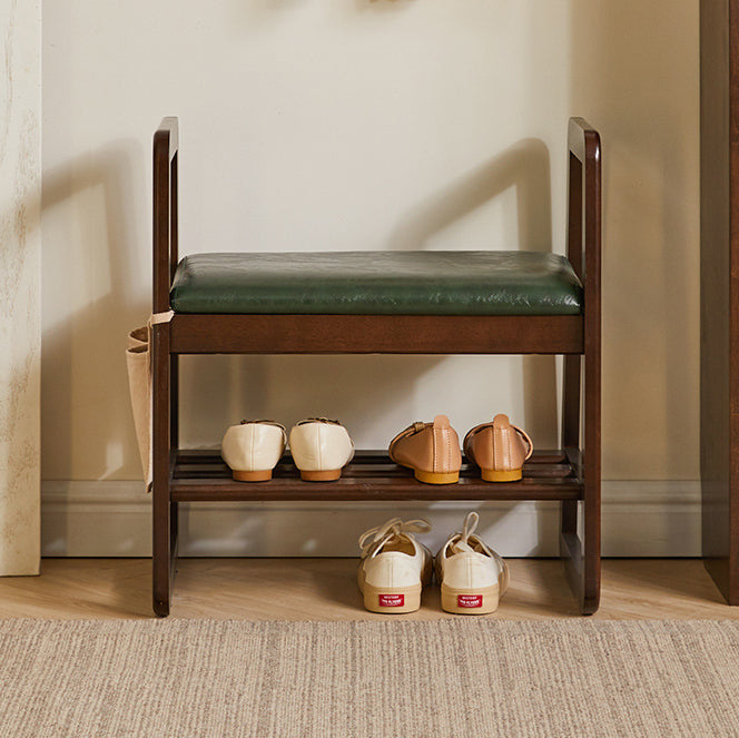 Modern Minimalist Leather & Solid Wood Trapezoid Bench with Armrest and 1-Shelf Storage for Living Room