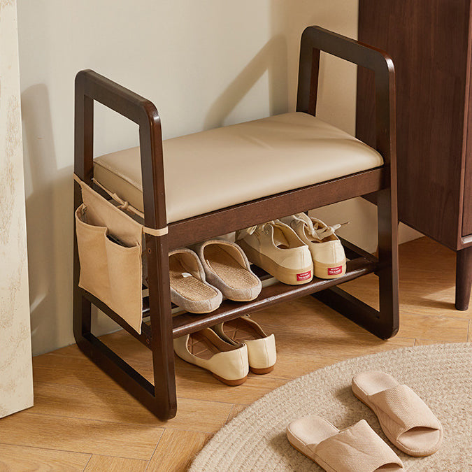Modern Minimalist Leather & Solid Wood Trapezoid Bench with Armrest and 1-Shelf Storage for Living Room