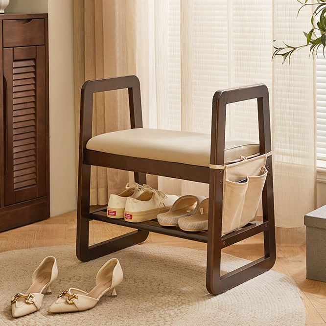 Modern Minimalist Leather & Solid Wood Trapezoid Bench with Armrest and 1-Shelf Storage for Living Room