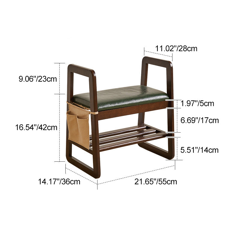 Modern Minimalist Leather & Solid Wood Trapezoid Bench with Armrest and 1-Shelf Storage for Living Room