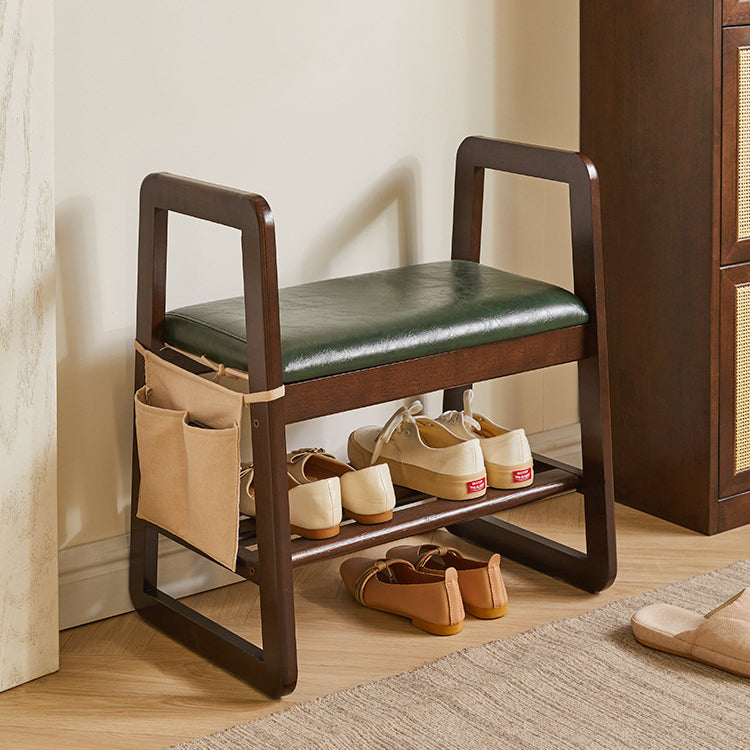 Modern Minimalist Leather & Solid Wood Trapezoid Bench with Armrest and 1-Shelf Storage for Living Room