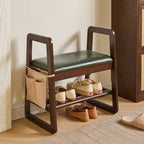 Modern Minimalist Leather & Solid Wood Trapezoid Bench with Armrest and 1-Shelf Storage for Living Room