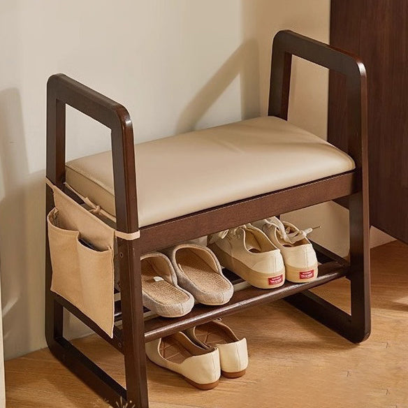 Modern Minimalist Leather & Solid Wood Trapezoid Bench with Armrest and 1-Shelf Storage for Living Room