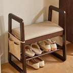 Modern Minimalist Leather & Solid Wood Trapezoid Bench with Armrest and 1-Shelf Storage for Living Room