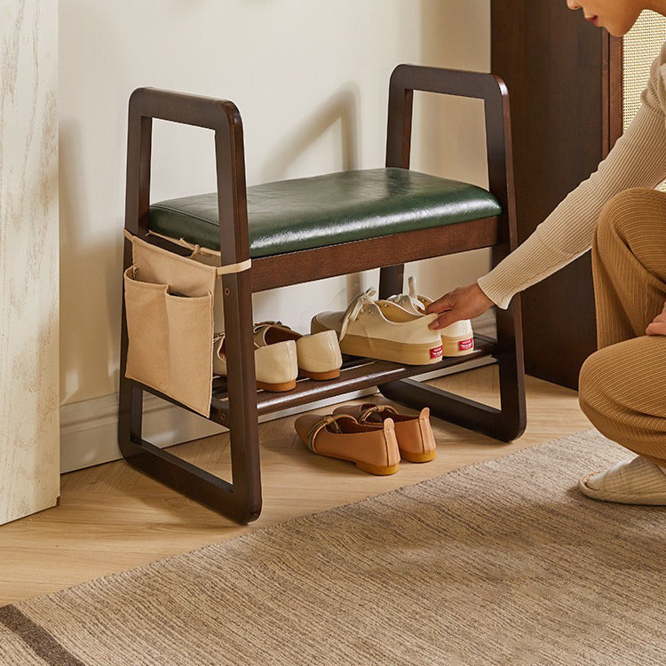 Modern Minimalist Leather & Solid Wood Trapezoid Bench with Armrest and 1-Shelf Storage for Living Room