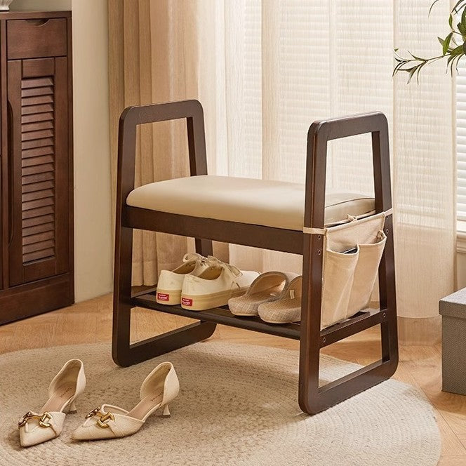 Modern Minimalist Leather & Solid Wood Trapezoid Bench with Armrest and 1-Shelf Storage for Living Room