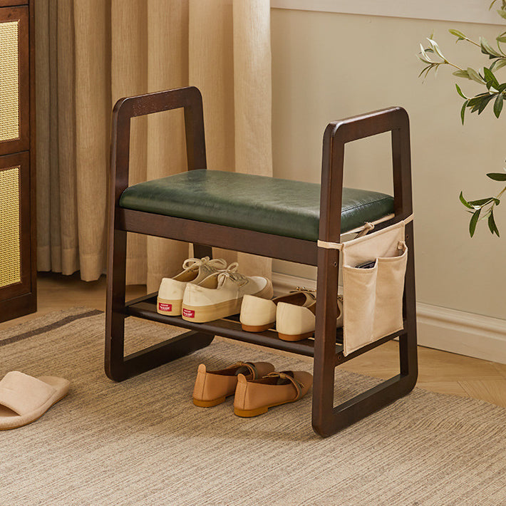 Modern Minimalist Leather & Solid Wood Trapezoid Bench with Armrest and 1-Shelf Storage for Living Room