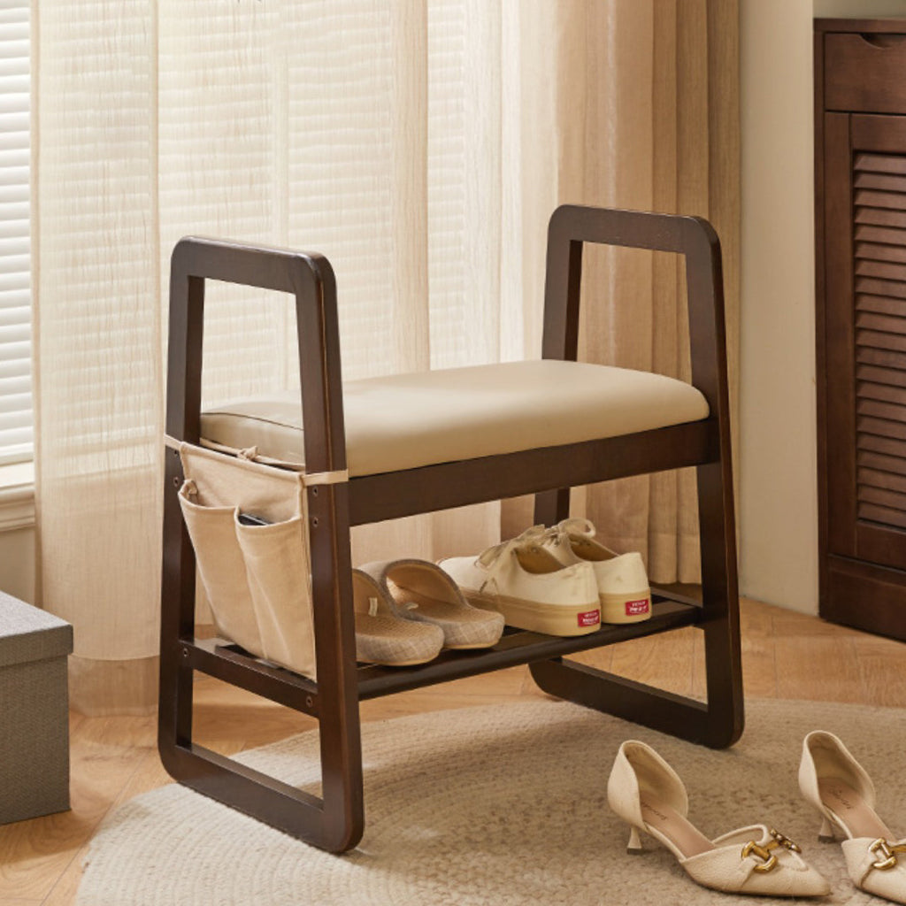 Modern Minimalist Leather & Solid Wood Trapezoid Bench with Armrest and 1-Shelf Storage for Living Room