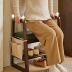 Modern Minimalist Leather & Solid Wood Trapezoid Bench with Armrest and 1-Shelf Storage for Living Room