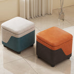 Modern Minimalist Solid Wood Stool with Storage, Rounded Square, Low Profile, Upholstered in Synthetic Fabric for Living Room